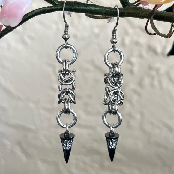 Handmade maille cz black spike dangly stainless steel earrings boho goth silver - Picture 9 of 11